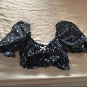 For Love And Lemons Blue Puff Sleeve Crop Blouse